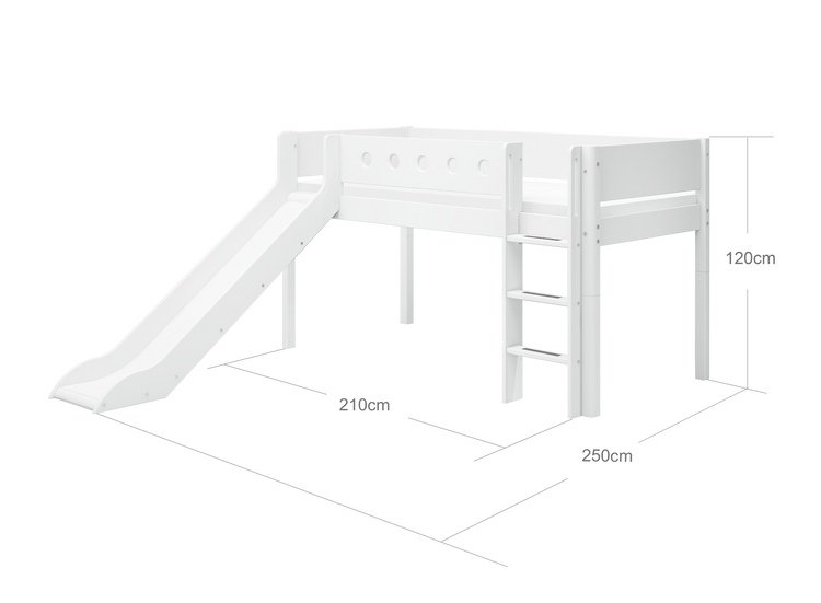 Flexa. White mid-high bed with straight ladder and a slide - 210cm - White