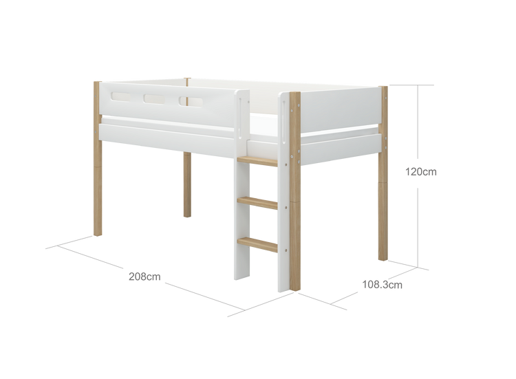 Flexa. Nor mid-high bed with straight ladder - 210cm - White / Oak