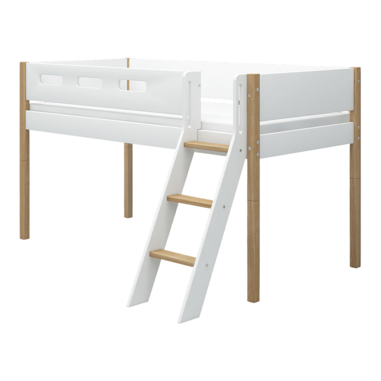 Flexa. Nor mid-high bed with slanting ladder - 210cm - White / Oak