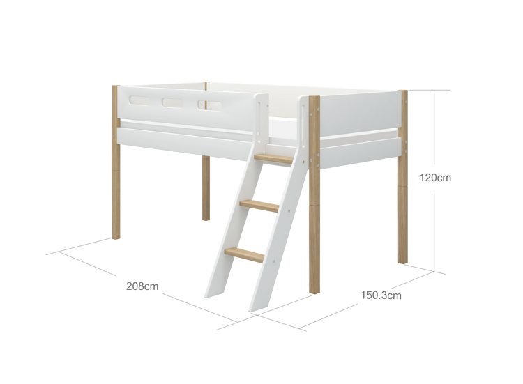Flexa. Nor mid-high bed with slanting ladder - 210cm - White / Oak