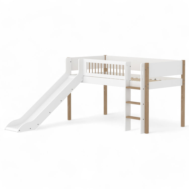 Flexa. Midslp. with Slide F.Wht. 200x90 Legs Crossbars Oak Str.Ladder