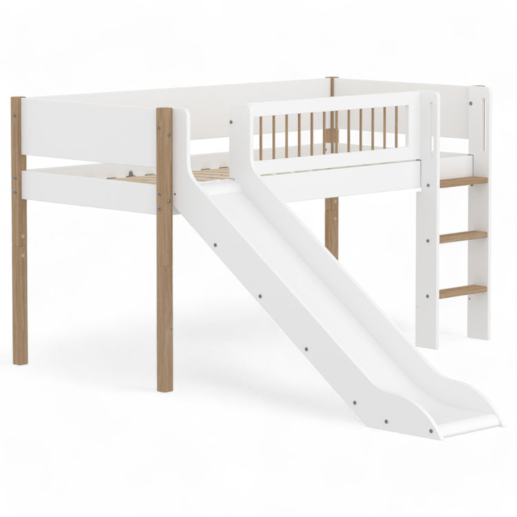 Flexa. Midslp. with Slide F.Wht. 200x90 Legs Crossbars Oak Str.Ladder