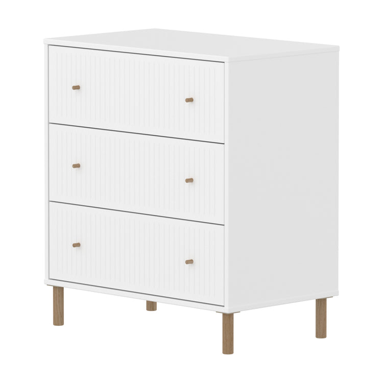 SAGA Chest, 3 drawer. Fronts with grooves. White, Oak legs and knobs