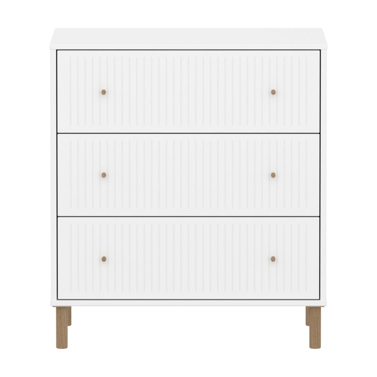 SAGA Chest, 3 drawer. Fronts with grooves. White, Oak legs and knobs