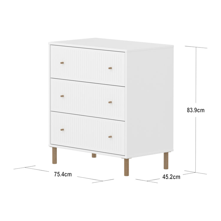SAGA Chest, 3 drawer. Fronts with grooves. White, Oak legs and knobs