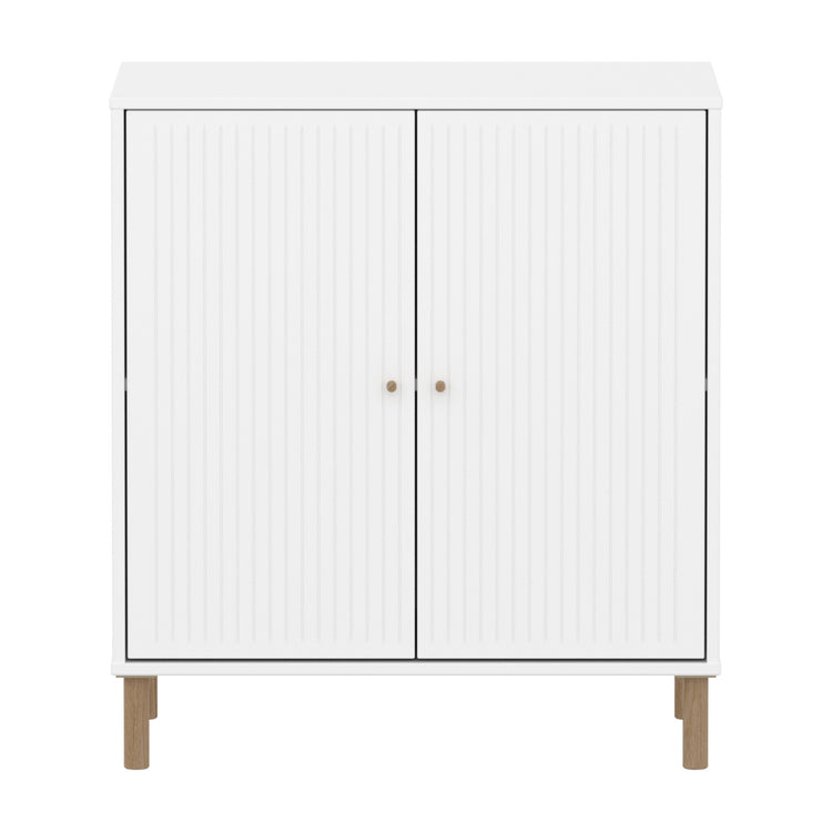 SAGA Cupboard, 2 doors, white with grooves, oak legs and knobs