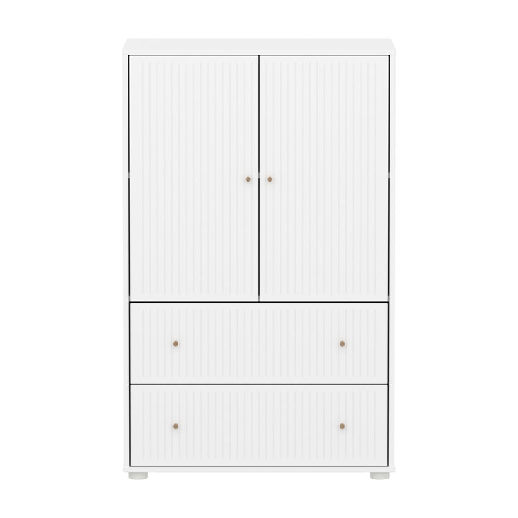 SAGA Cupboard, 2 door & 2 drawer, White with grooves, Oak knobs