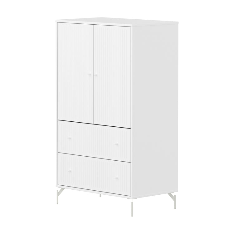 SAGA Cupboard, 2 door & 2 drawer, White with grooves, White legs & knobs