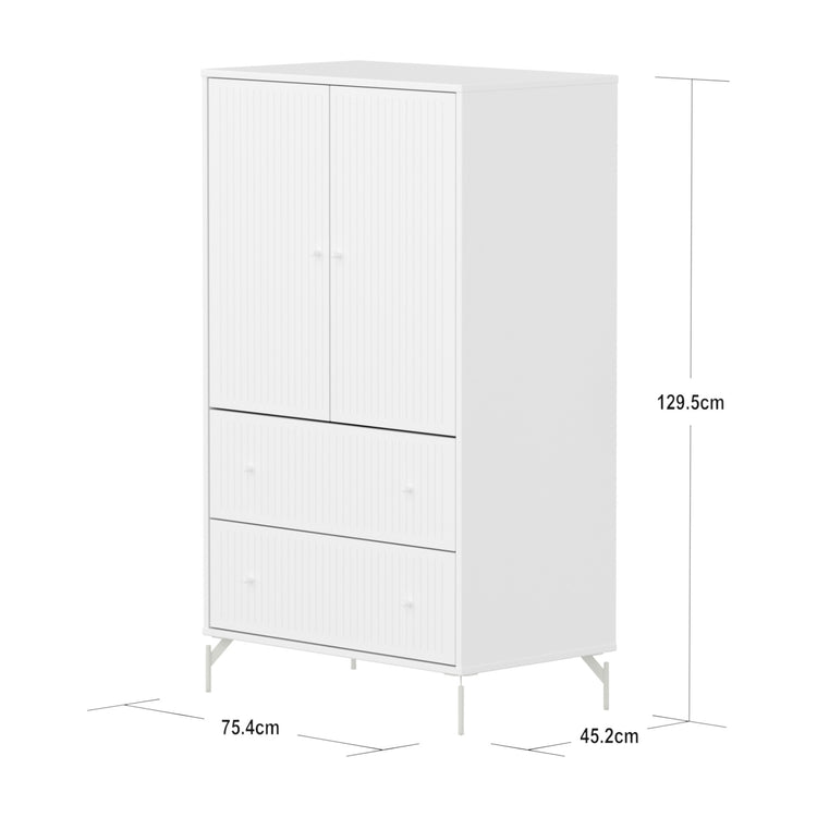SAGA Cupboard, 2 door & 2 drawer, White with grooves, White legs & knobs