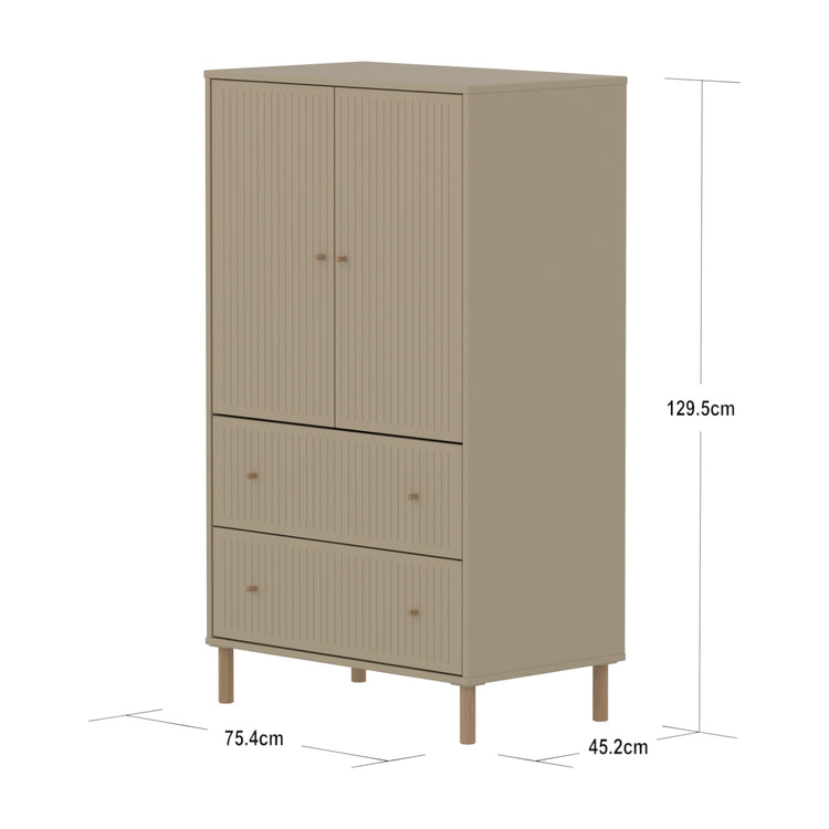 SAGA Cupboard, 2 door & 2 drawer, Oat with grooves, Oak legs & knobs
