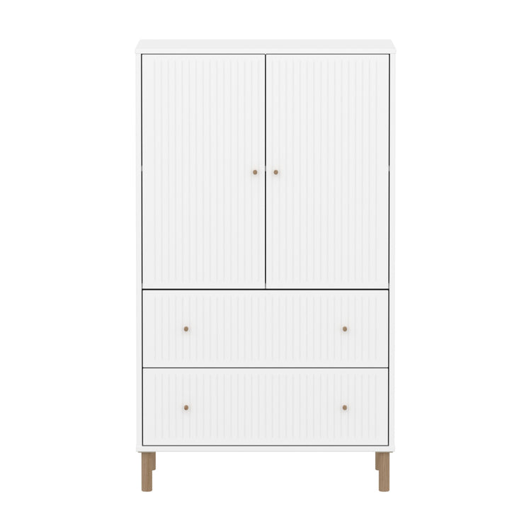 SAGA Cupboard, 2 door & 2 drawer, white with grooves, Oak legs & knobs