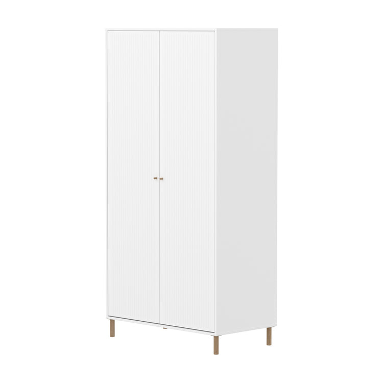 SAGA Wardrobe, 2 doors, white with grooves, oak legs and knobs