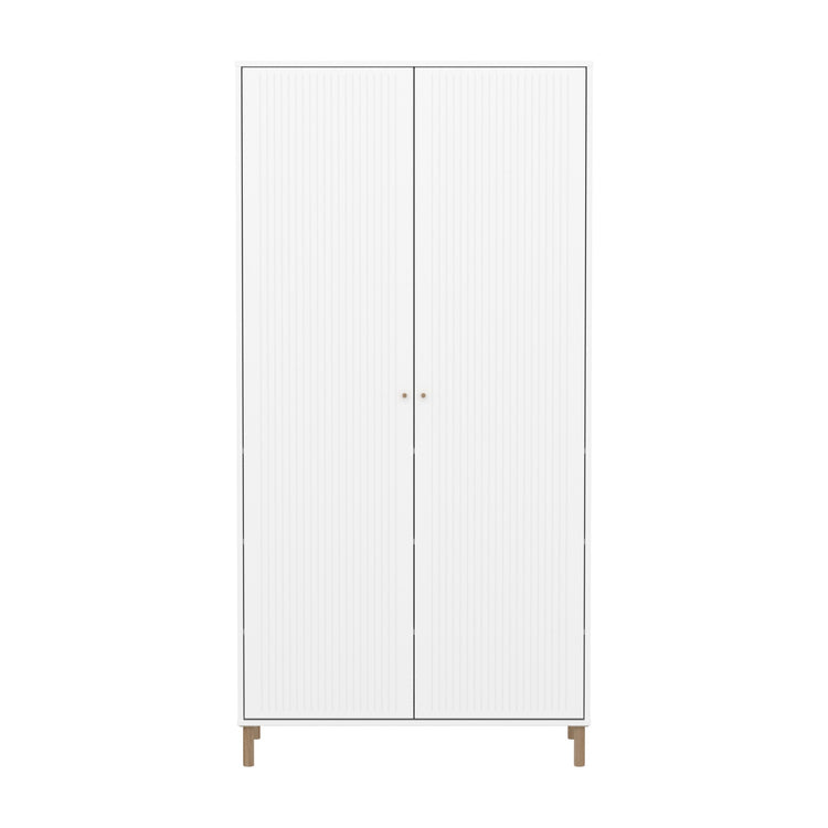 SAGA Wardrobe, 2 doors, white with grooves, oak legs and knobs