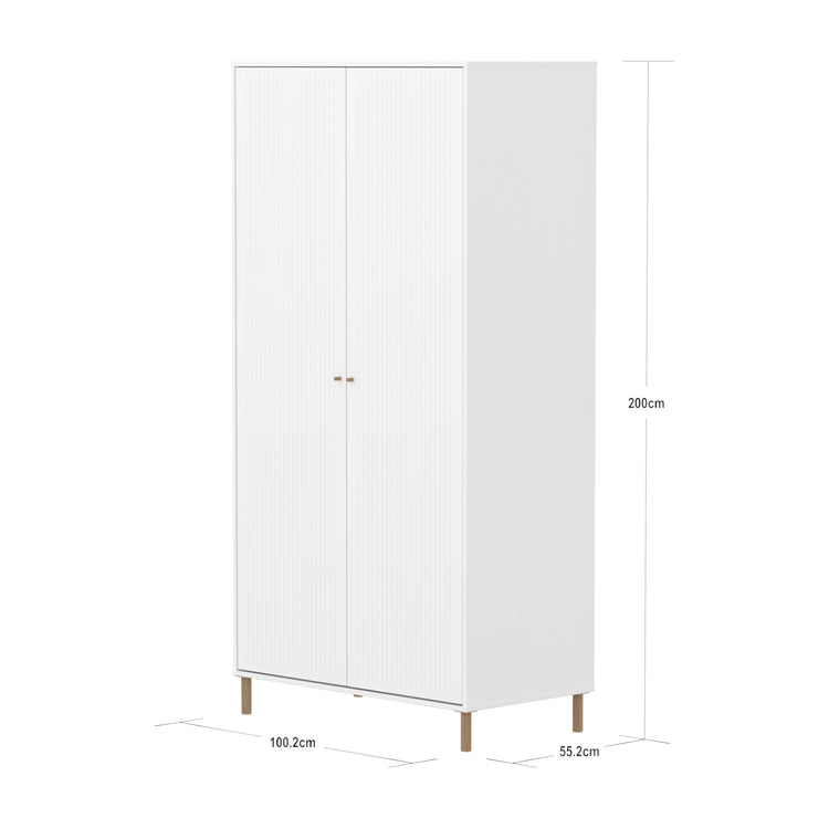SAGA Wardrobe, 2 doors, white with grooves, oak legs and knobs