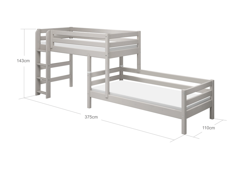 Flexa. Classic semi-high bed with single Classic bed and straight ladder - 210cm - Grey washed