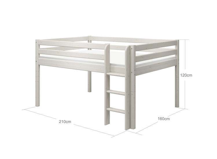 Flexa. Classic mid-high bed with 140cm width and straight ladder - 200cm - White washed