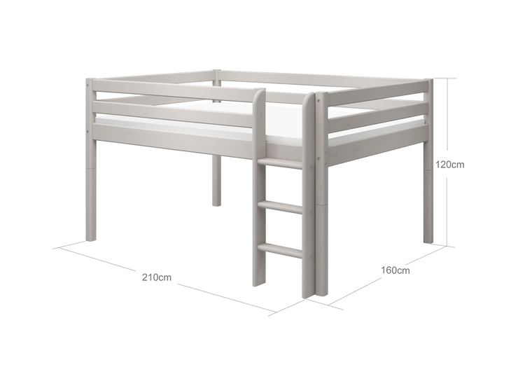 Flexa. Classic mid-high bed with 140cm width and straight ladder - 200cm - Grey washed