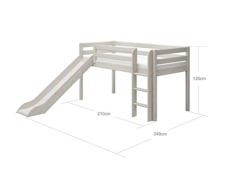Flexa. Classic mid-high bed with straight ladder and a slide - 210cm - White washed