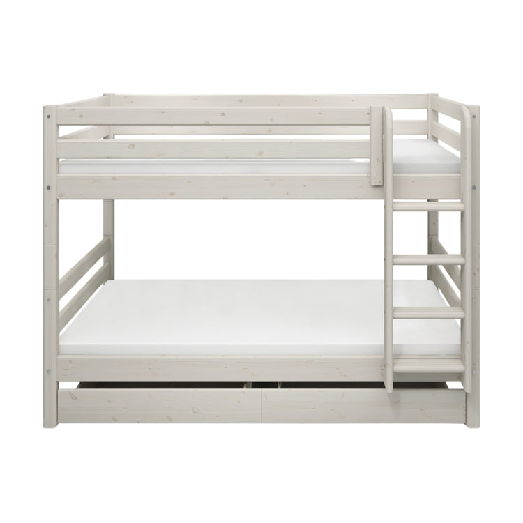 Flexa. Classic bunk bed with straight ladder and two drawers -210cm - White washed