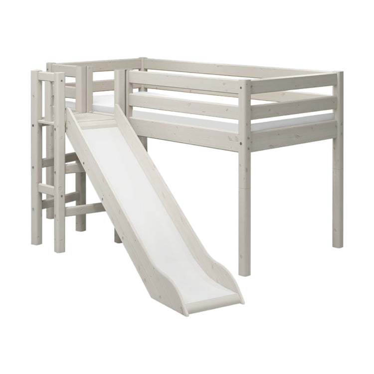 Flexa. Classic mid-high bed with platform and a slide - 210cm - White washed