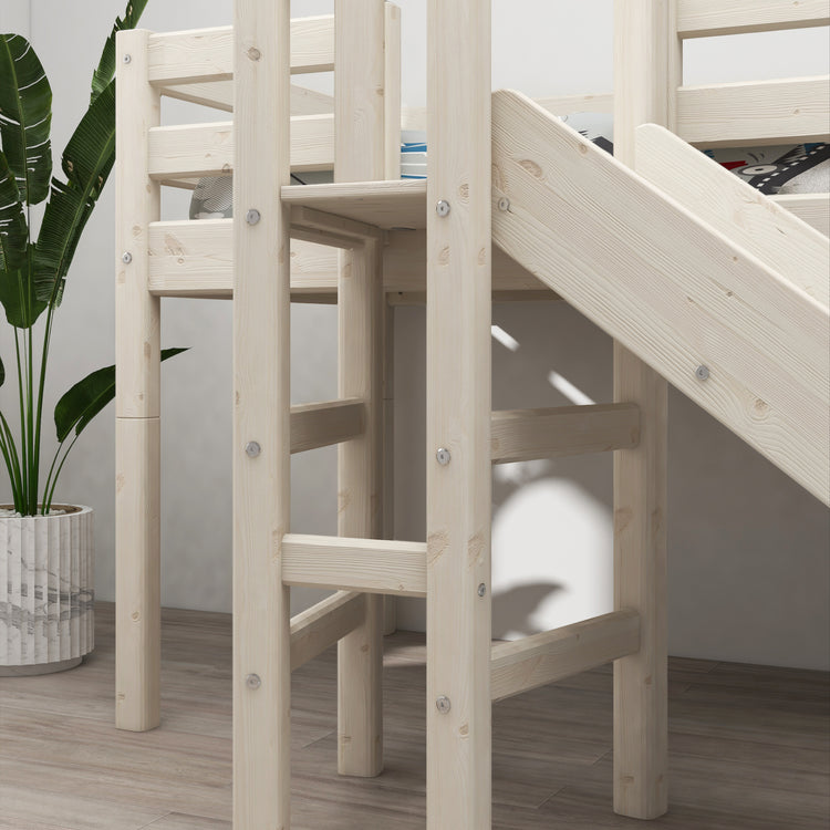 Flexa. Classic mid-high bed with platform and a slide - 210cm - White washed