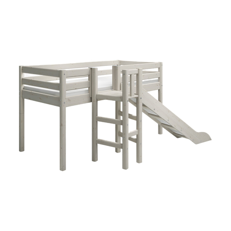 Flexa. Classic mid-high bed with platform and a slide - 210cm - White washed