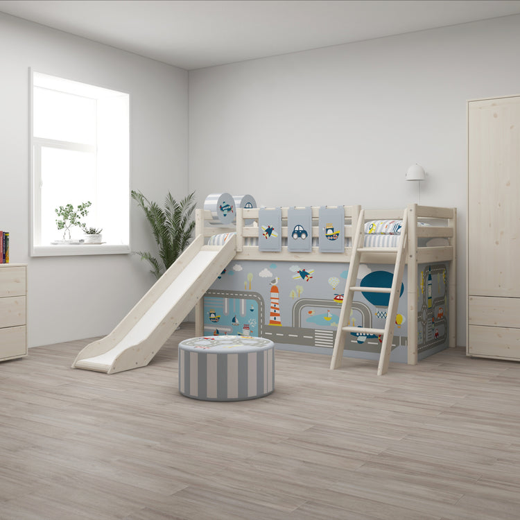 Flexa. Classic mid-high bed with straight ladder and a slide - 210cm - White washed