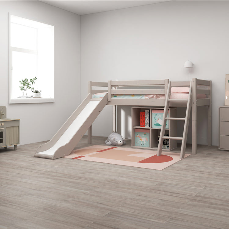 Flexa. Classic mid-high bed with straight ladder and a slide - 210cm - Grey washed
