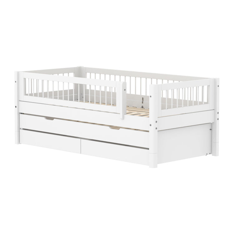 Single Bed 90x200 cm with Pull-out Bed 90x190 cm, Storage and Crossbar Safety Rail, White
