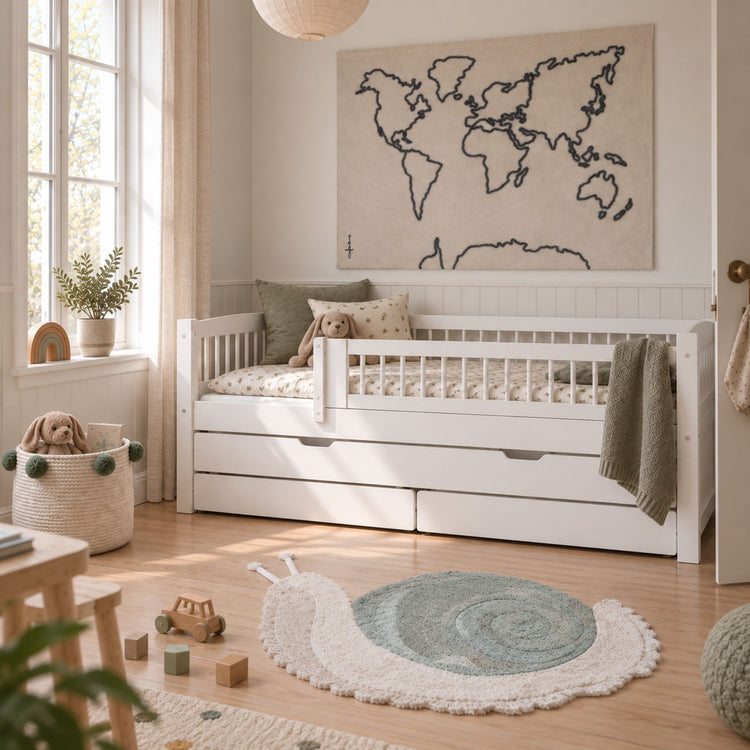 Single Bed 90x200 cm with Pull-out Bed 90x190 cm, Storage and Crossbar Safety Rail, White