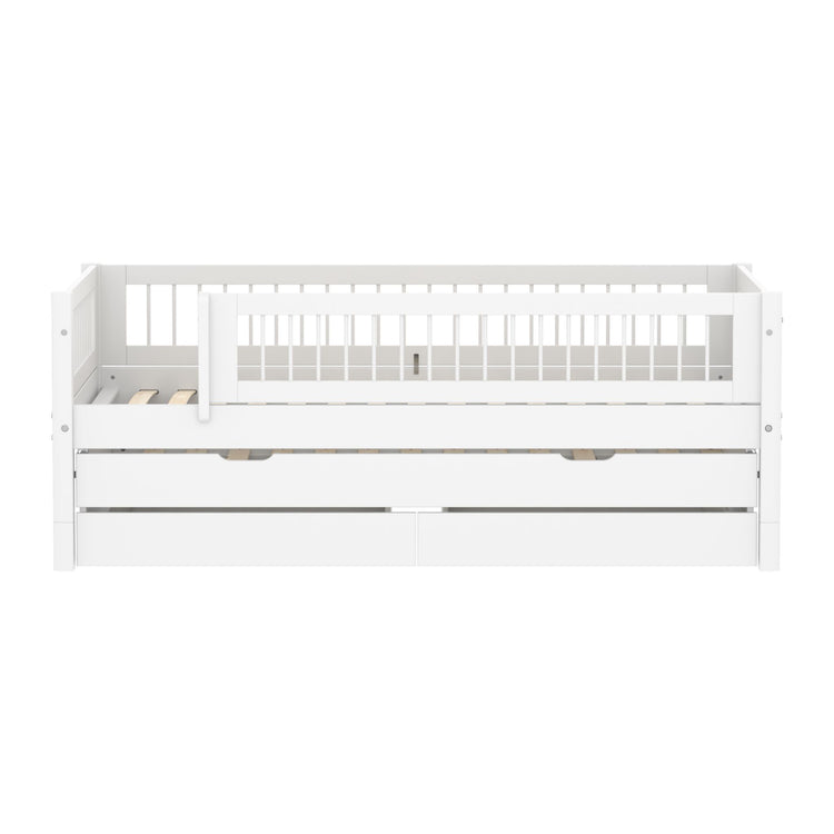 Single Bed 90x200 cm with Pull-out Bed 90x190 cm, Storage and Crossbar Safety Rail, White