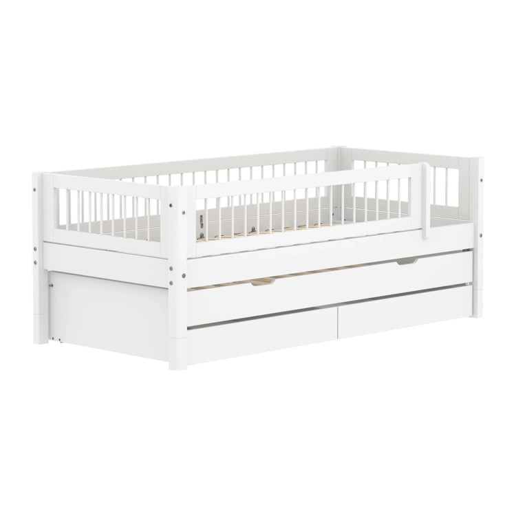 Single Bed 90x200 cm with Pull-out Bed 90x190 cm, Storage and Crossbar Safety Rail, White
