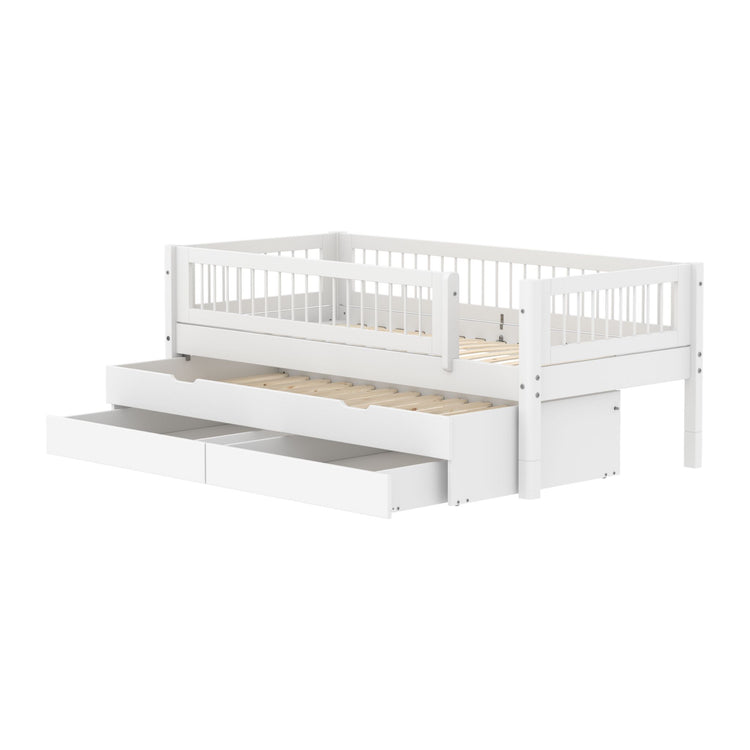 Single Bed 90x200 cm with Pull-out Bed 90x190 cm, Storage and Crossbar Safety Rail, White