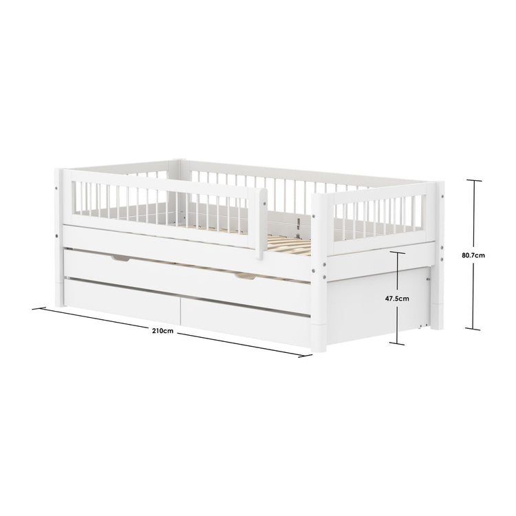 Single Bed 90x200 cm with Pull-out Bed 90x190 cm, Storage and Crossbar Safety Rail, White