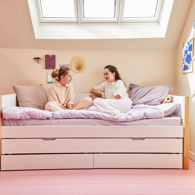 Flexa. White bed with trundle pullout bed - 210cm - White / Oak