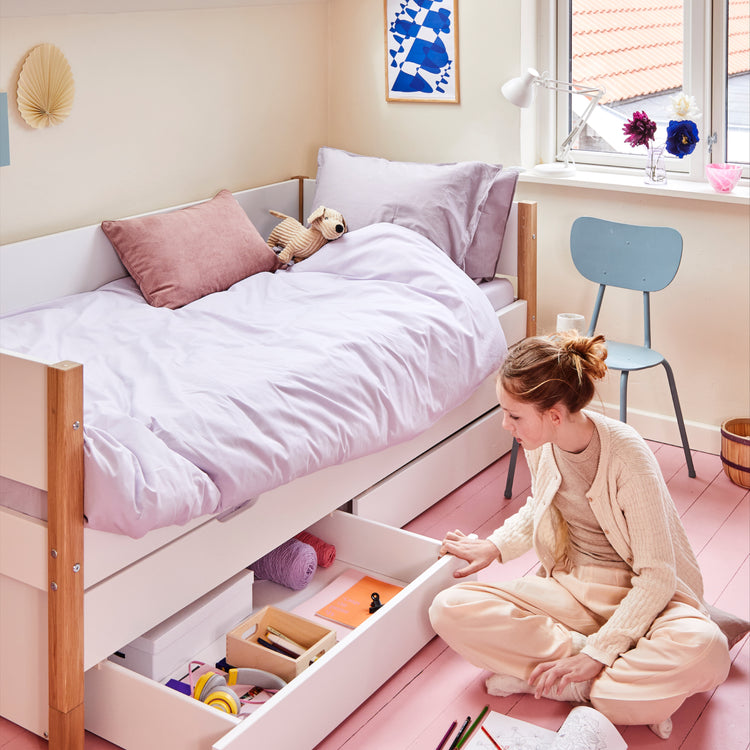Flexa. White bed with trundle pullout bed - 210cm - White / Oak