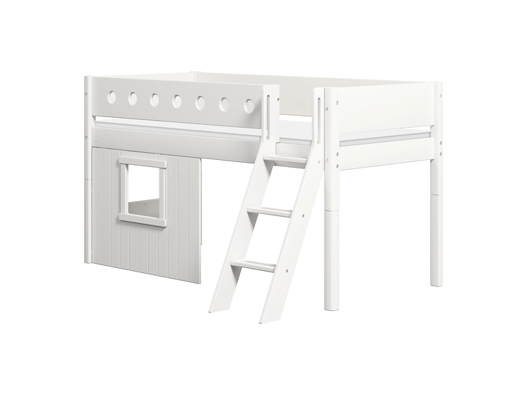 Flexa. Κρεβάτι μεσαίου ύψος White με κεκλιμένη σκάλα και σπιτάκι. Λευκό