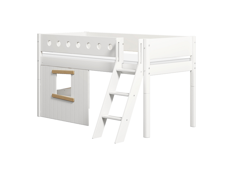 Flexa. White mid-high bed with slanting ladder and treehouse bed Fronts - 210cm - White / Natural