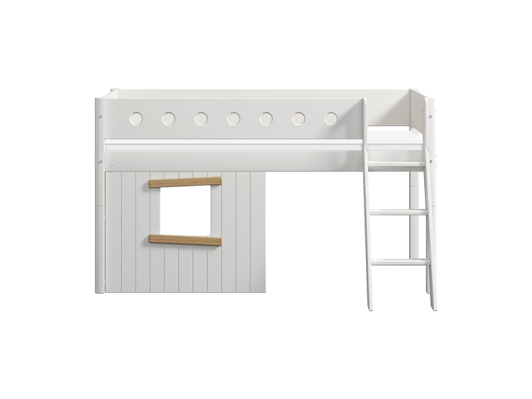 Flexa. White mid-high bed with slanting ladder and treehouse bed Fronts - 210cm - White / Natural