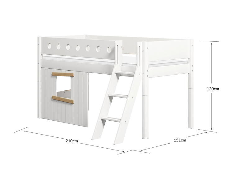 Flexa. White mid-high bed with slanting ladder and treehouse bed Fronts - 210cm - White / Natural