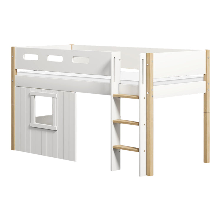 Flexa. Nor mid-high bed with straight ladder and treehouse bed Fronts - 210cm - White / Oak