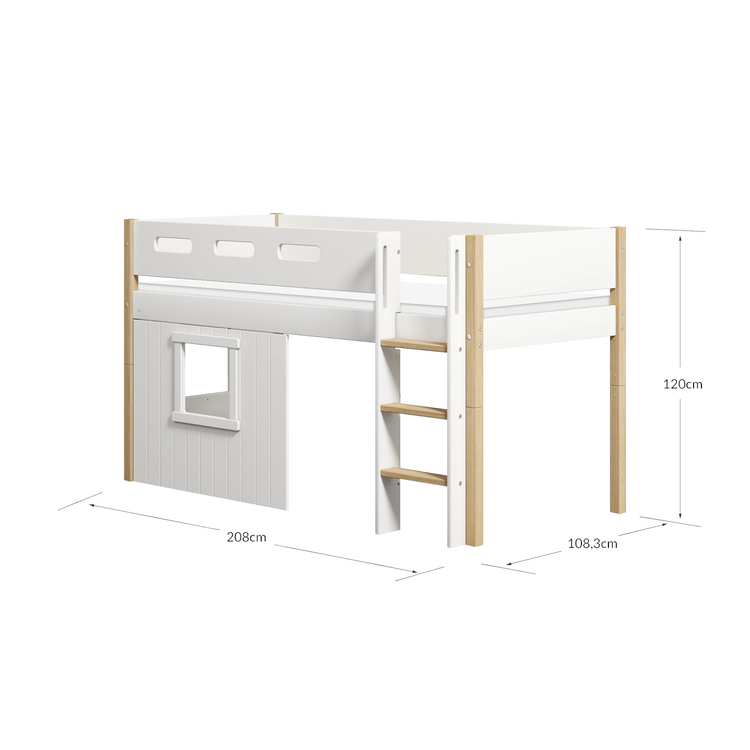 Flexa. Nor mid-high bed with straight ladder and treehouse bed Fronts - 210cm - White / Oak