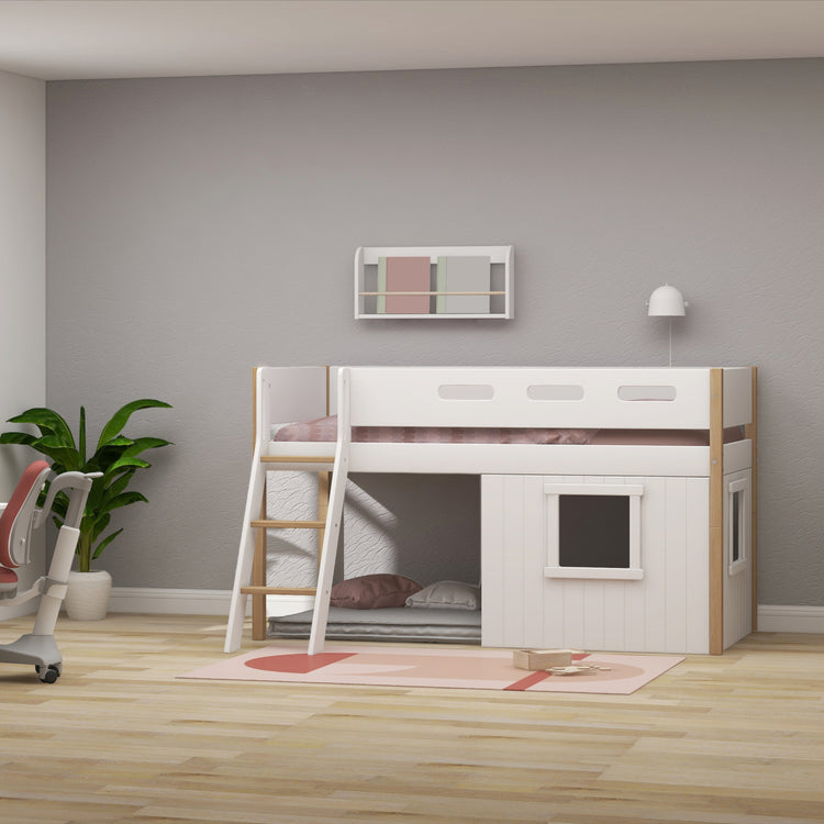 Flexa. Nor mid-high bed with slanting ladder and treehouse bed Fronts - 210cm - White / Oak