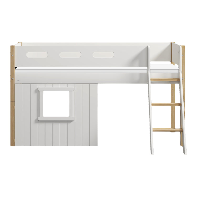 Flexa. Nor mid-high bed with slanting ladder and treehouse bed Fronts - 210cm - White / Oak