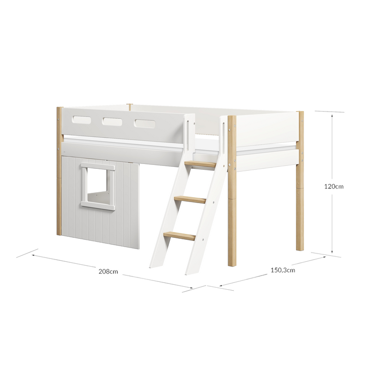 Flexa. Nor mid-high bed with slanting ladder and treehouse bed Fronts - 210cm - White / Oak