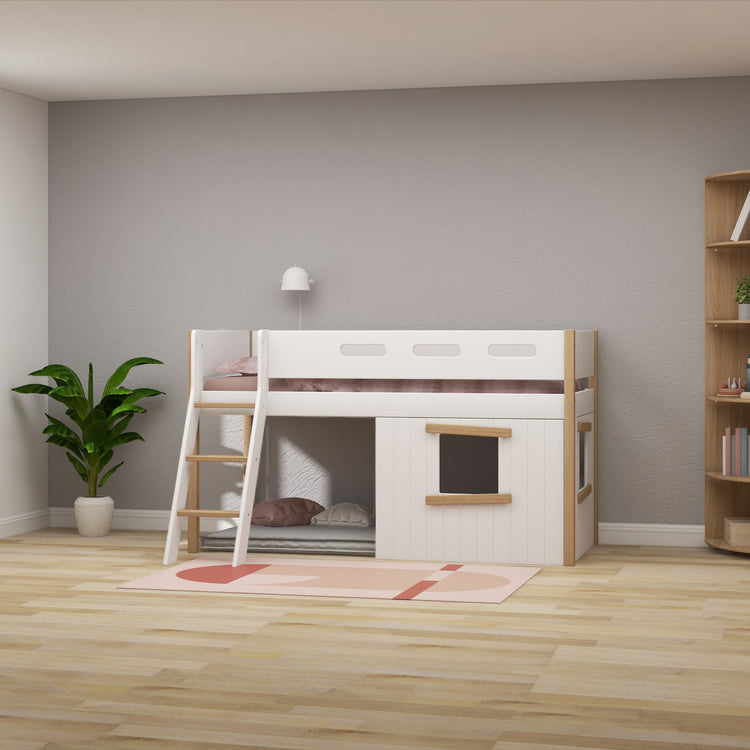 Flexa. Nor mid-high bed with slanting ladder and treehouse bed Fronts - 210cm - White / Oak