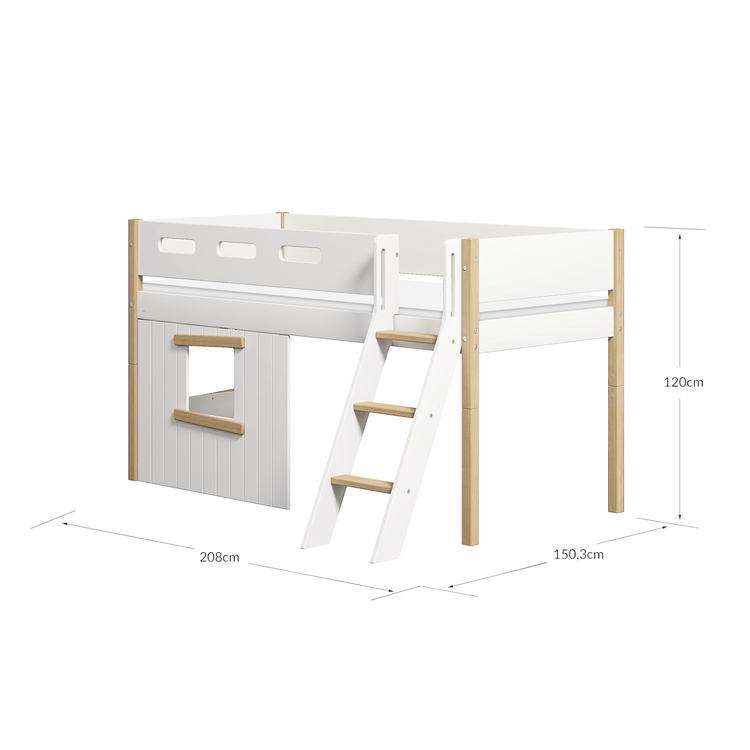 Flexa. Nor mid-high bed with slanting ladder and treehouse bed Fronts - 210cm - White / Oak