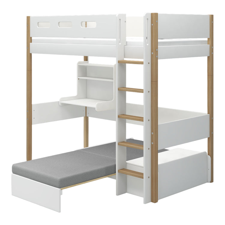Flexa. Nor high bed with casa module and straight ladder - 210cm - White / Oak