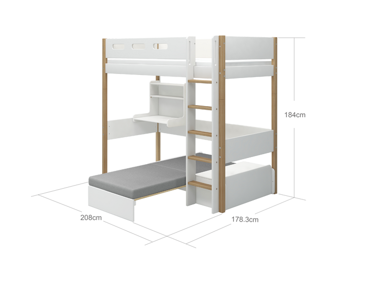 Flexa. Nor high bed with casa module and straight ladder - 210cm - White / Oak
