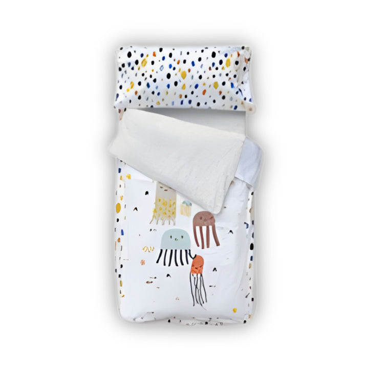 COZYKIDS. Σετ κλινοσκέπασμα + σεντόνι με λάστιχο (ενωμένα με φερμουάρ) Μέδουσες 70x140